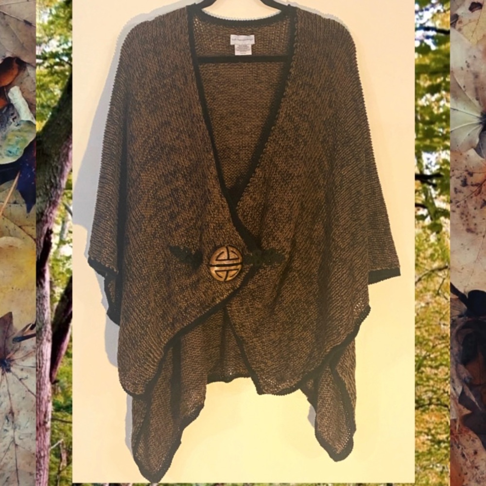 Soft Surroundings Brown and Black Woven Poncho with Carved Wooden Bead Button